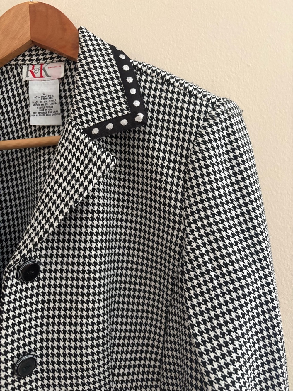 VintageR&K Originals Black & White Houndstooth Blazer with Polka Dot Collar Trim
